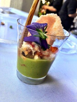 Green asparagus gazpacho with coconut milk, maine lobster salad, Thai inspired dressing, salmon caviar, and garlic cracker - The Bacara