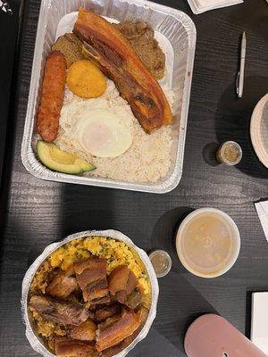 Bandeja Paisa on the left and Calentado De La Casa