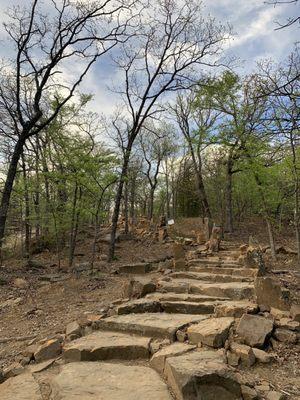 Upward look at the stone staircase