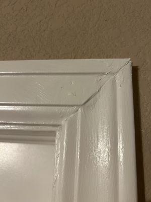 All the trim work around doors looks like this; sloppy and mismatched.