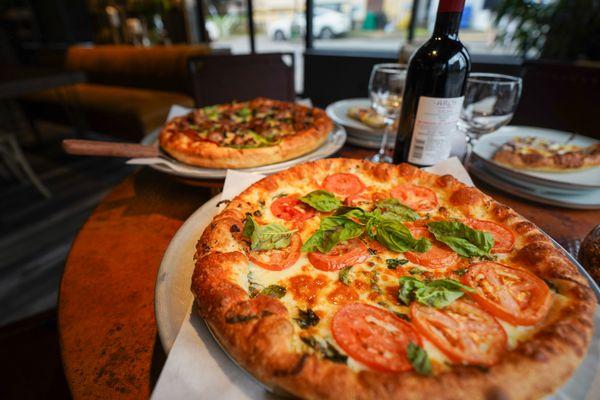 Margherita pizza, dad's favorite and some select wine