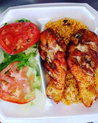 Grilled bbq chicken, rice/pigeon peas and Salad