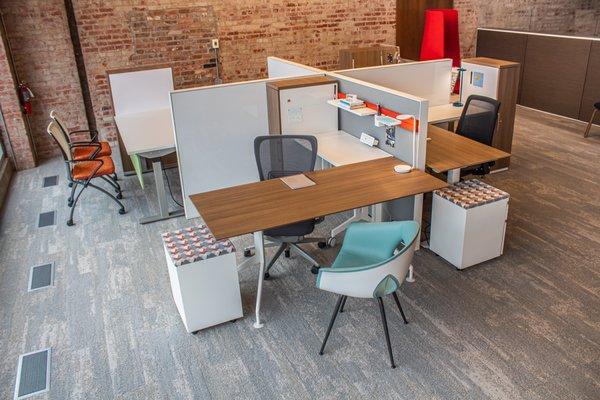 Haworth office furniture: fixed and height adjustable desks, panels, task chair, guest chair, file storage