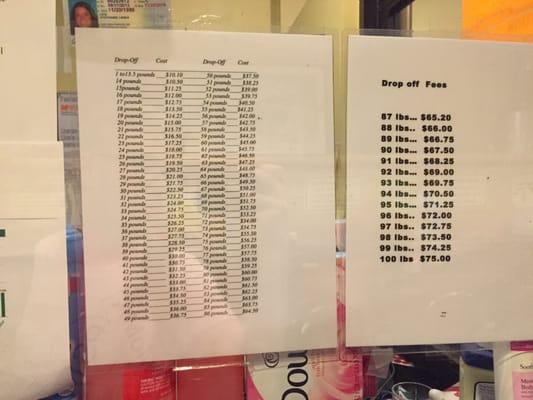 Their drop-off fee schedule. Notice the flat rate for the first 13.5 pounds, followed by a charge of $0.75 per extra pound.