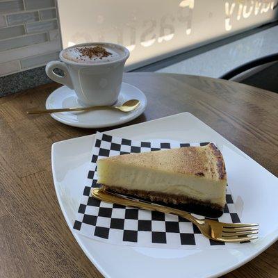 Crème brûlée cheesecake and cappuccino. Window ledge makes nice spot to store a handbag while relaxing