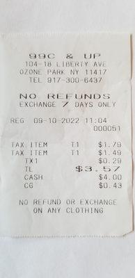 Sales receipt with store policy