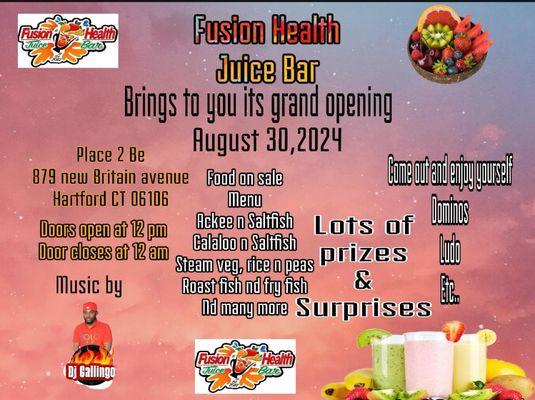 Fusion health juice bar is having their grand opening all and everyone is invited lots of prizes and surprises