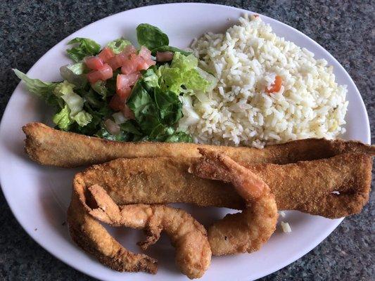 Lunch Special Combination with 2 fish filets, 2 shrimp , rice & side salad. $8.99