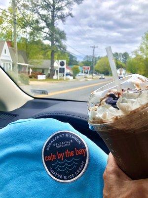 Cafe by the Bay tshirt & snickers frappe