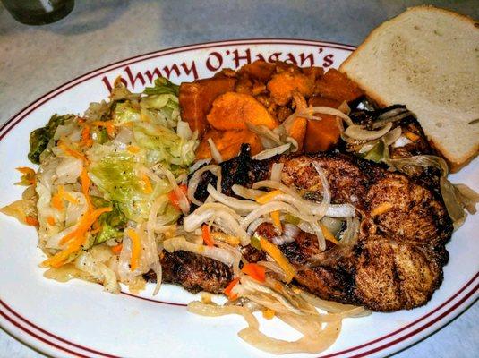 Jerk Catfish, Cabbage & Candied Yams