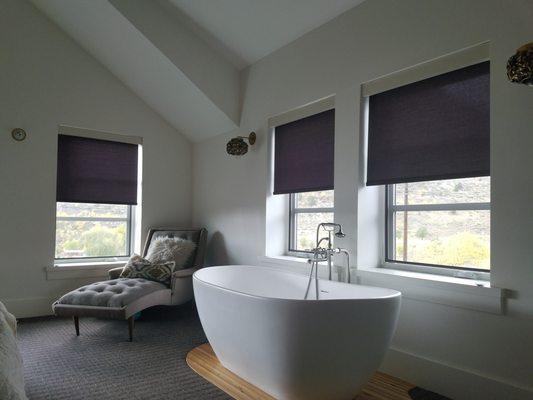 Motorized Room darkening roller shades in Durango, Colorado.