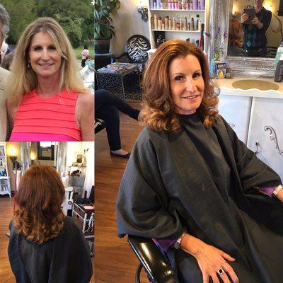 Before and after color transformation from blonde to brunette