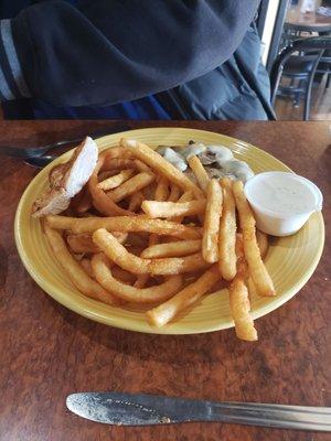 Mushroom swiss chicken with fries and o rings. 10.2018 $11.98