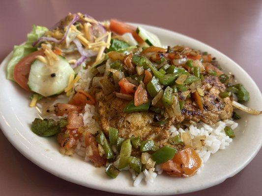 Juicy Cajun Chicken over rice w/ side salad