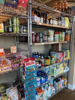 Grocery items and snacks are available