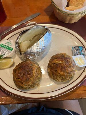 Crab cake dinner with baked potato. Delicious!