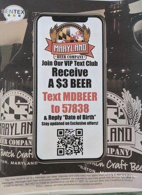 VIP Text Club. Get a Beer for only $3.!