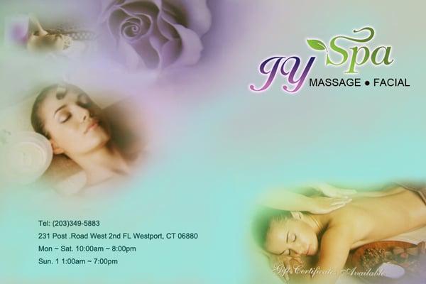 JY Spa offers massage & facials, opens 10 AM - 8 PM Mon~Sat; 11 AM - 7 PM Sun.