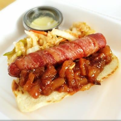 Bacon Wrapped Hot Dog with Kim Chee and Mango Chutney