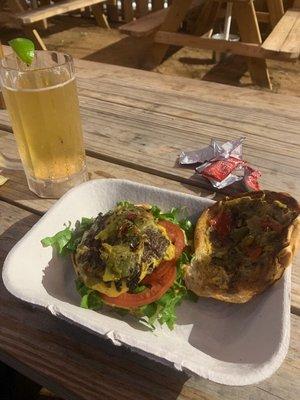 Tamaras green chili burger. My fries are on the wife's standard burger.