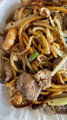 Shrimp (extra cost) and beef with assorted veggies and noodles.