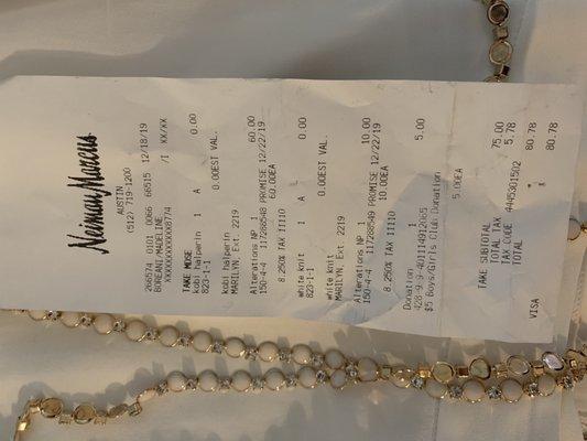 Receipt from seamstress at Neiman's