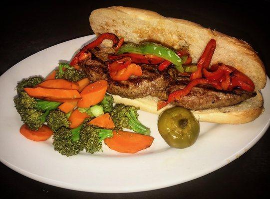 Open faced steak sandwich with roasted peppers