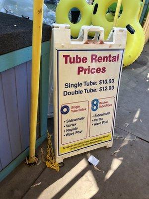 Tube rental price   All rides have free tubes if you show up early.  Only need this if you want it at Wave Pool