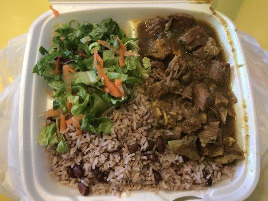 Curry Goat with Rice and Peas, and Fresh Salad.