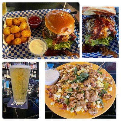 Grand Canyon burger and tater tots.. ice cold beer  and a Booty's salad with chicken