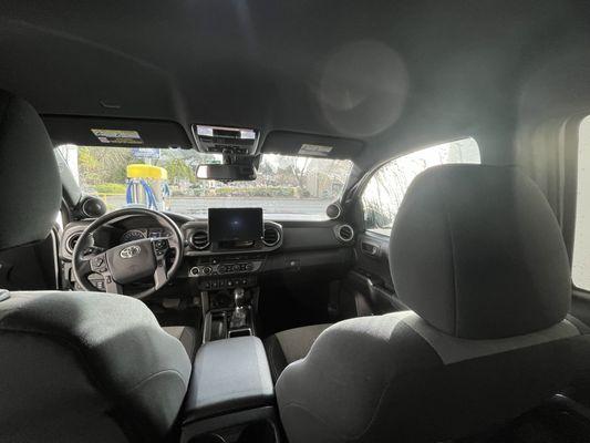 View from the back seat. Notice the pods for the speakers.  Beautiful installed