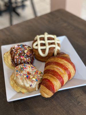 French Cruller (Vanilla & Chocolate), Croissant Cinnamon Bun, Raspberries Croissant