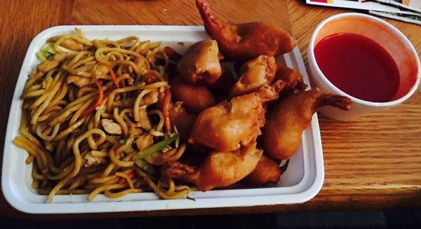 Sweet and sour shrimp with chicken lo mein- Dinner combo Comes with egg roll and fried rice. Substitute lo mein $2.00 extra.