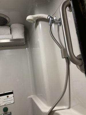 Shower and toilet in sleeper car roomette