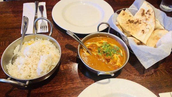 Rice, Butter Chicken, Naan