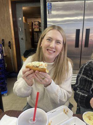 Best chili slaw dog in the area! Known as the "west Virginia" hot dog. Our customers love the chili slaw dog topped with mustard and onions!