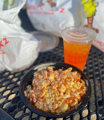 Mac n cheese bowl with orange soda