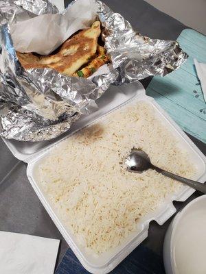 Lots of rice—comes with the entrees, so this must be around what the portion size is for four main dishes. Enough for lots of leftovers!