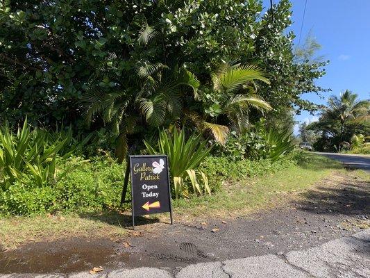 Sign for Gallery Patrick along Hwy 137 and Oliana St in Puna Palisades