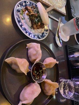 Pork and cabbage dumplings and gua bao