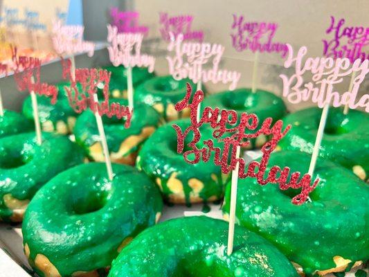 Matcha Green Tea donuts (birthday flags added by me)