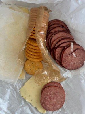 Summer Sausage, Pepper Jack cheese and Ritz crackers