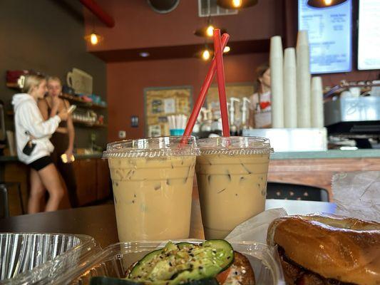 Mr. William Latte, Loaded Avocado Toast, Sausage Egg and Cheese Bagel, and Caramel Latte