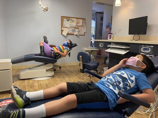 Socially distanced dental chairs.