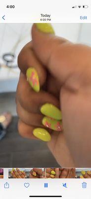 neon green flowers with gems acrylic and dip powder