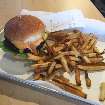 Mooyah classic with a black bean party and small fries.