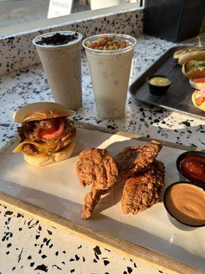 Chicken Tenders., Build Your Own Chicken Sandwich, Oreo and fruity pebbles milkshakes