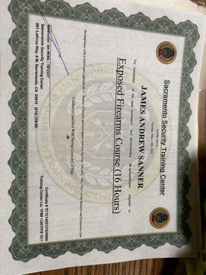 BSIS exposed firearm course completion certificate.