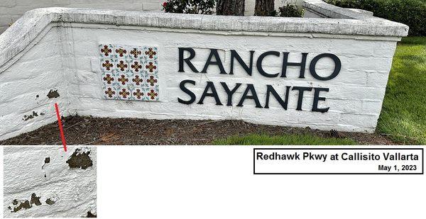 Black Mold on the top, and stucco falling off of the community entrance marker