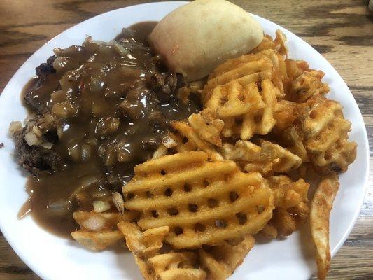 Hamburger steak with waffle fries